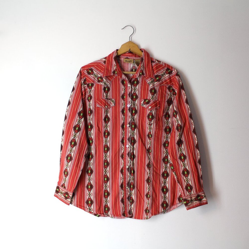 Vintage 90' Wrangler Red Aztec Western Shirt Pearl Snap Women's XL